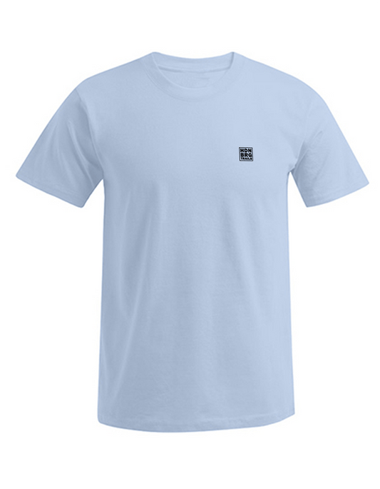 A babyblue Shirt with a embroided "HDNBRG Trails" Emblem on the left Chest.