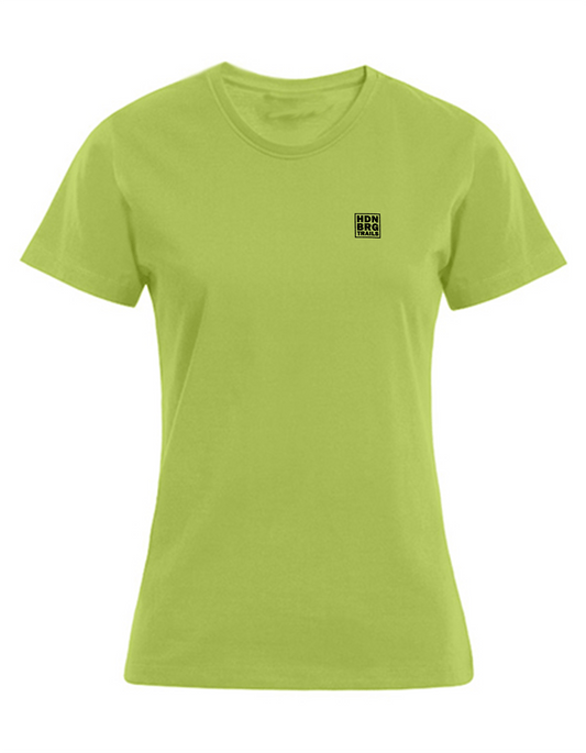 A limegreen Shirt with a embroided "HDNBRG Trails" Emblem on the left Chest.