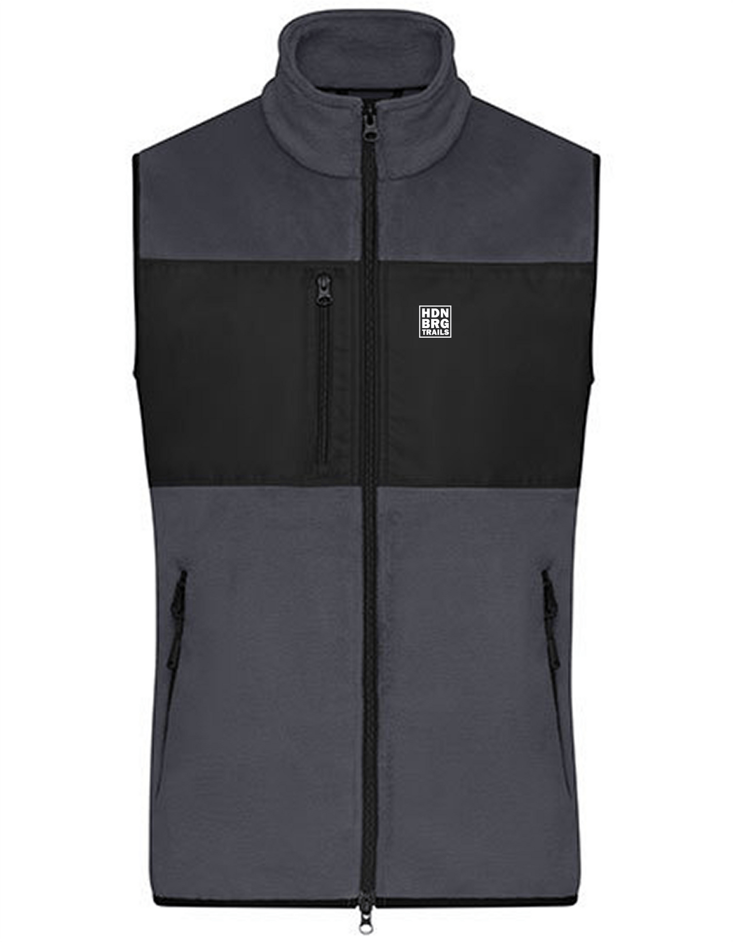 A charcoal grey Vest with a embroided "HDNBRG Trails Emblem on the left Chest.