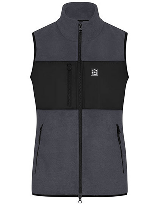 A charcoal grey Vest with a embroided "HDNBRG Trails Emblem on the left Chest.