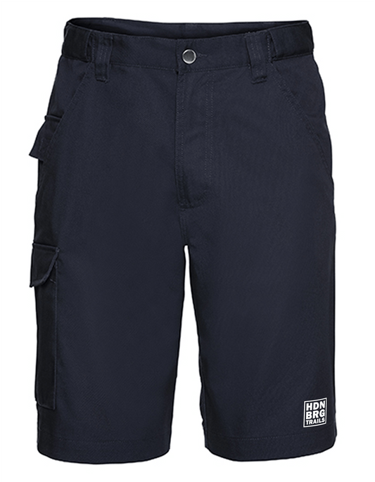 A navyblue Twill-Shorts with embroided "HDNBRG Trails" Emblem on the left leg.