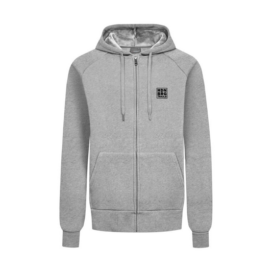 A heathergray heavy Sweatjacket with a embroided "HDNBRG Trails" Emblem on the left Chest.