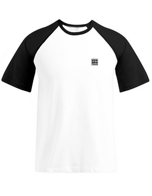 A Black/White Shirt with black Raglan Sleeves and a embroided "HDNBRG Trails" Emblem on the left Chest.
