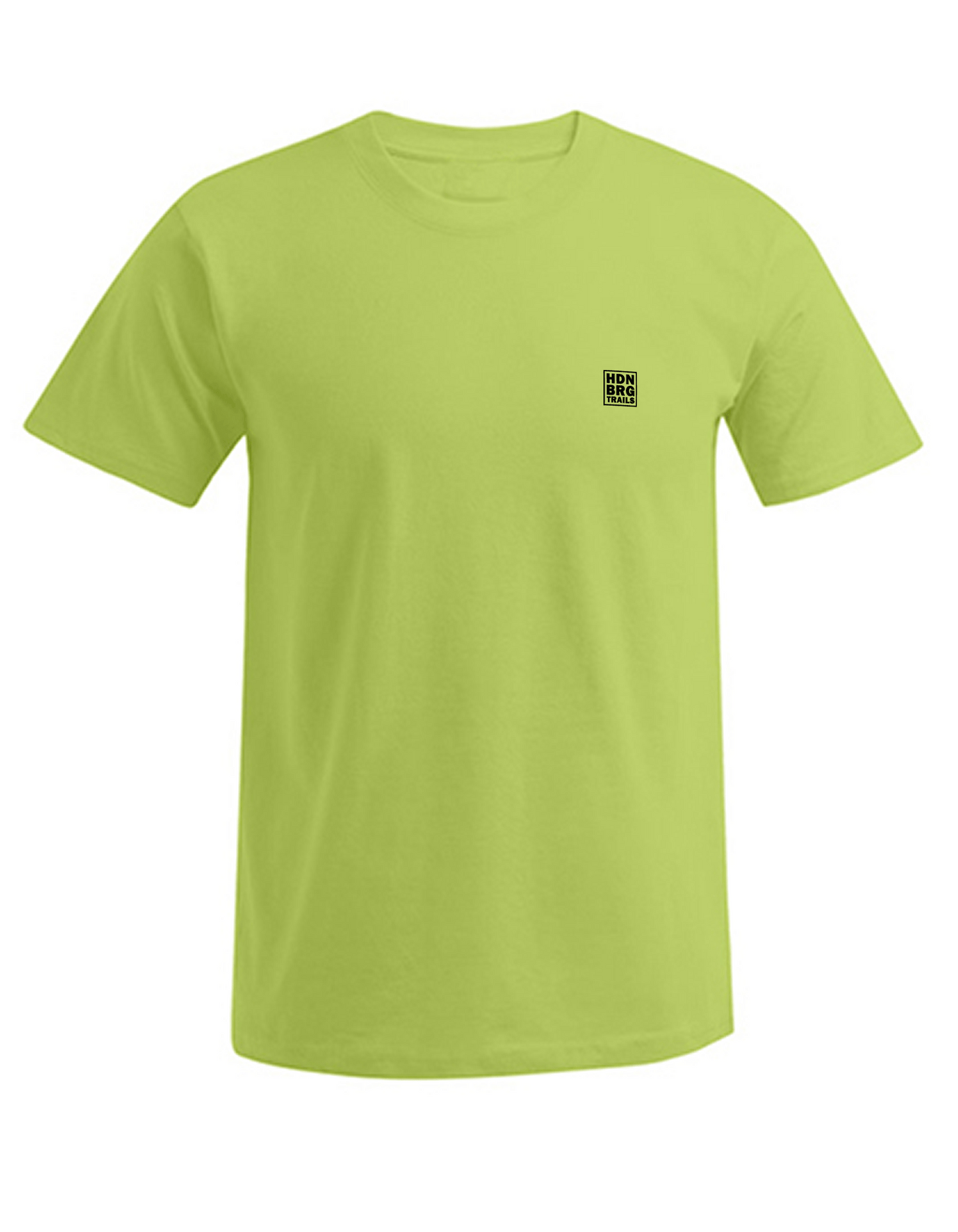 A limegreen Shirt with a embroided "HDNBRG Trails" Emblem on the left Chest.