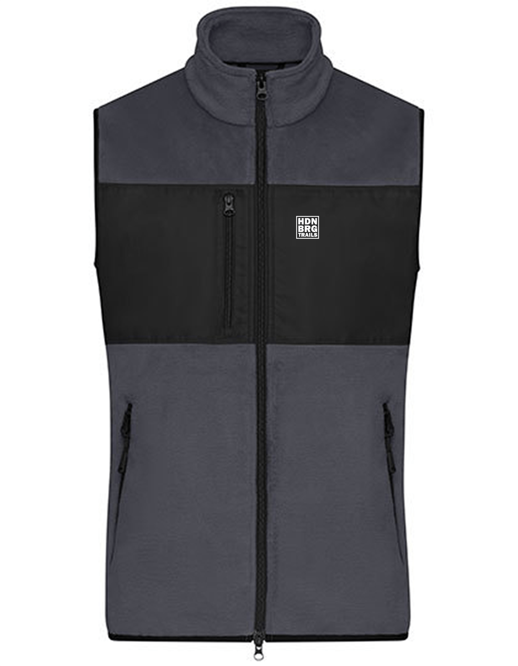 A charcoal grey Vest with a embroided "HDNBRG Trails Emblem on the left Chest.
