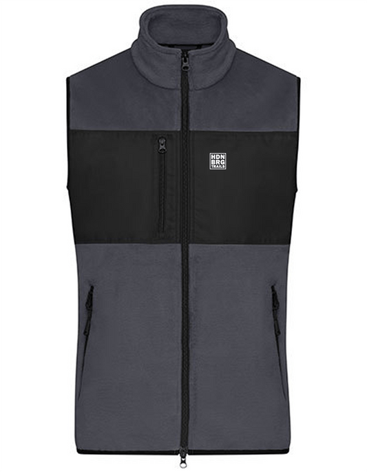 A charcoal grey Vest with a embroided "HDNBRG Trails Emblem on the left Chest.