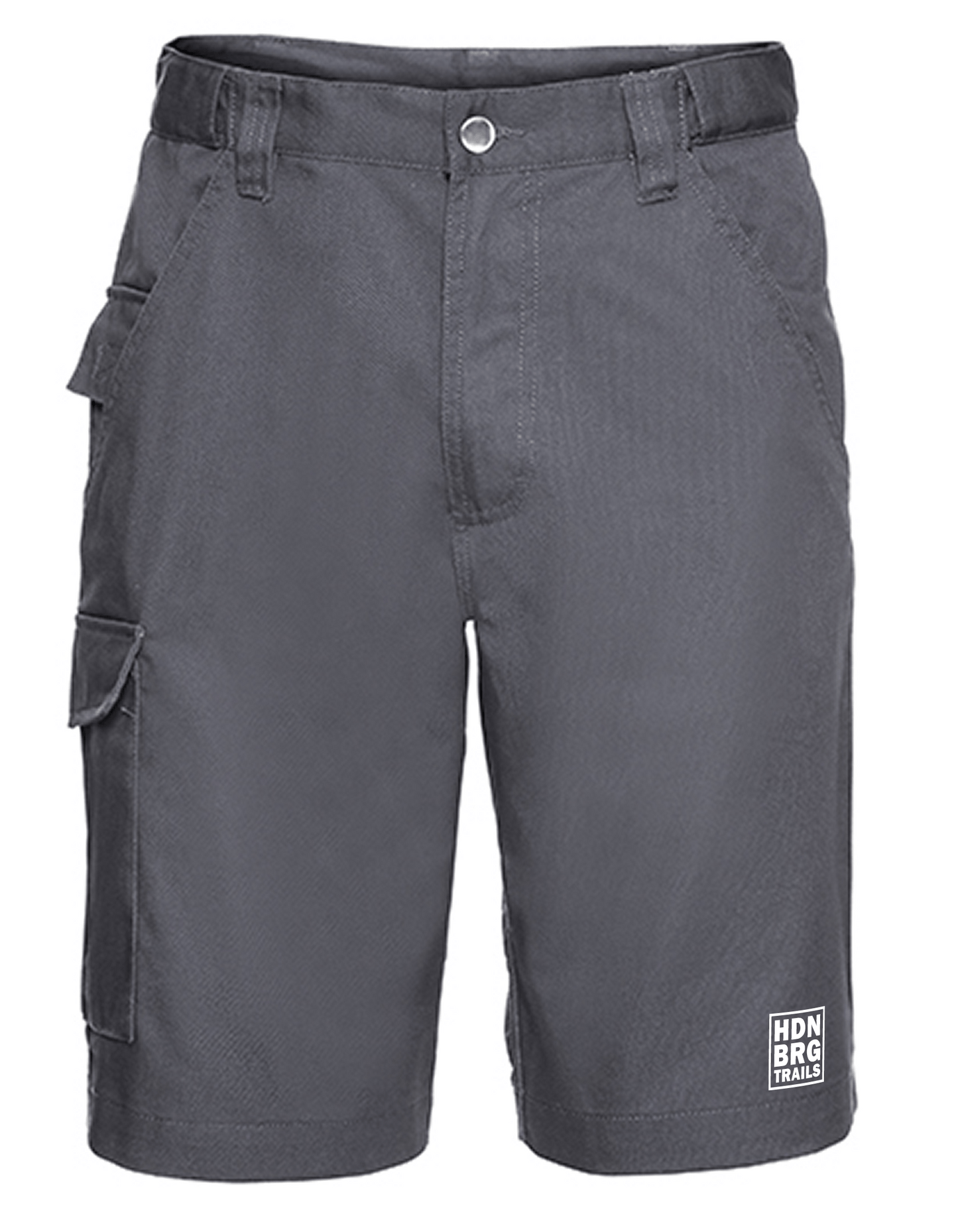 A grey Twill-Shorts with embroided "HDNBRG Trails" Emblem on the left leg.