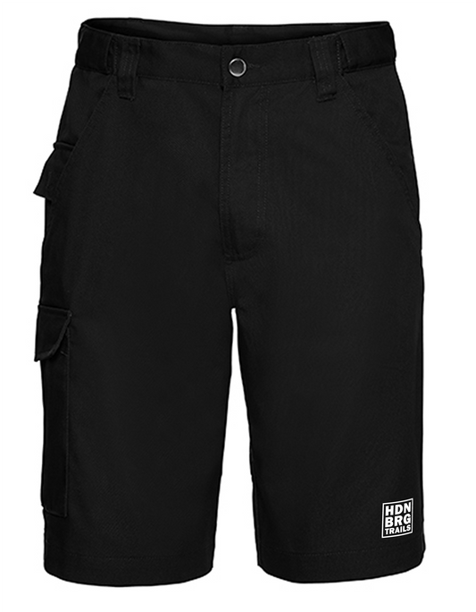 A black Twill-Shorts with embroided "HDNBRG Trails" Emblem on the left leg.