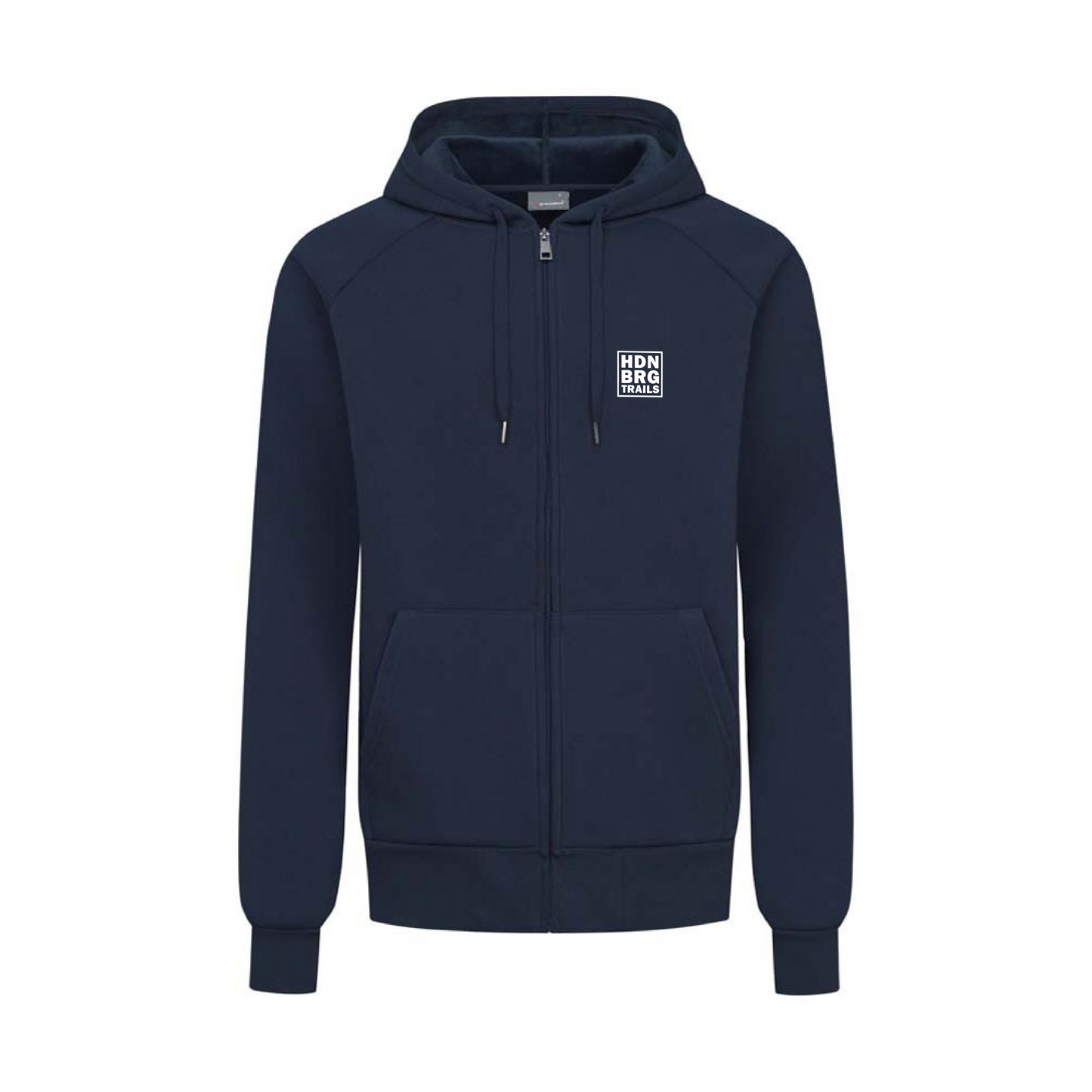 A navyblau heavy Sweatjacket with a embroided "HDNBRG Trails" Emblem on the left Chest.