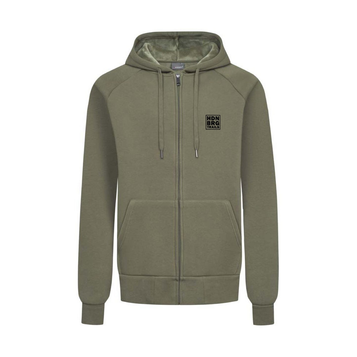 A olive-coloured heavy Sweatjacket with a embroided "HDNBRG Trails" Emblem on the left Chest.