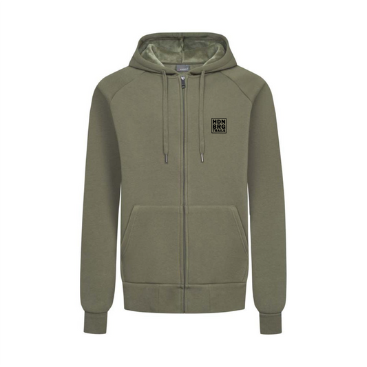 A olive-coloured heavy Sweatjacket with a embroided "HDNBRG Trails" Emblem on the left Chest.