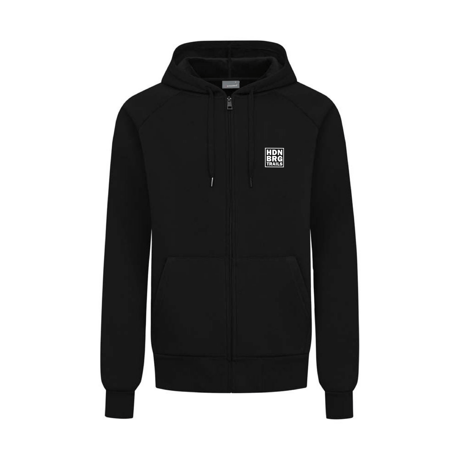 A black heavy Sweatjacket with a embroided "HDNBRG Trails" Emblem on the left Chest.