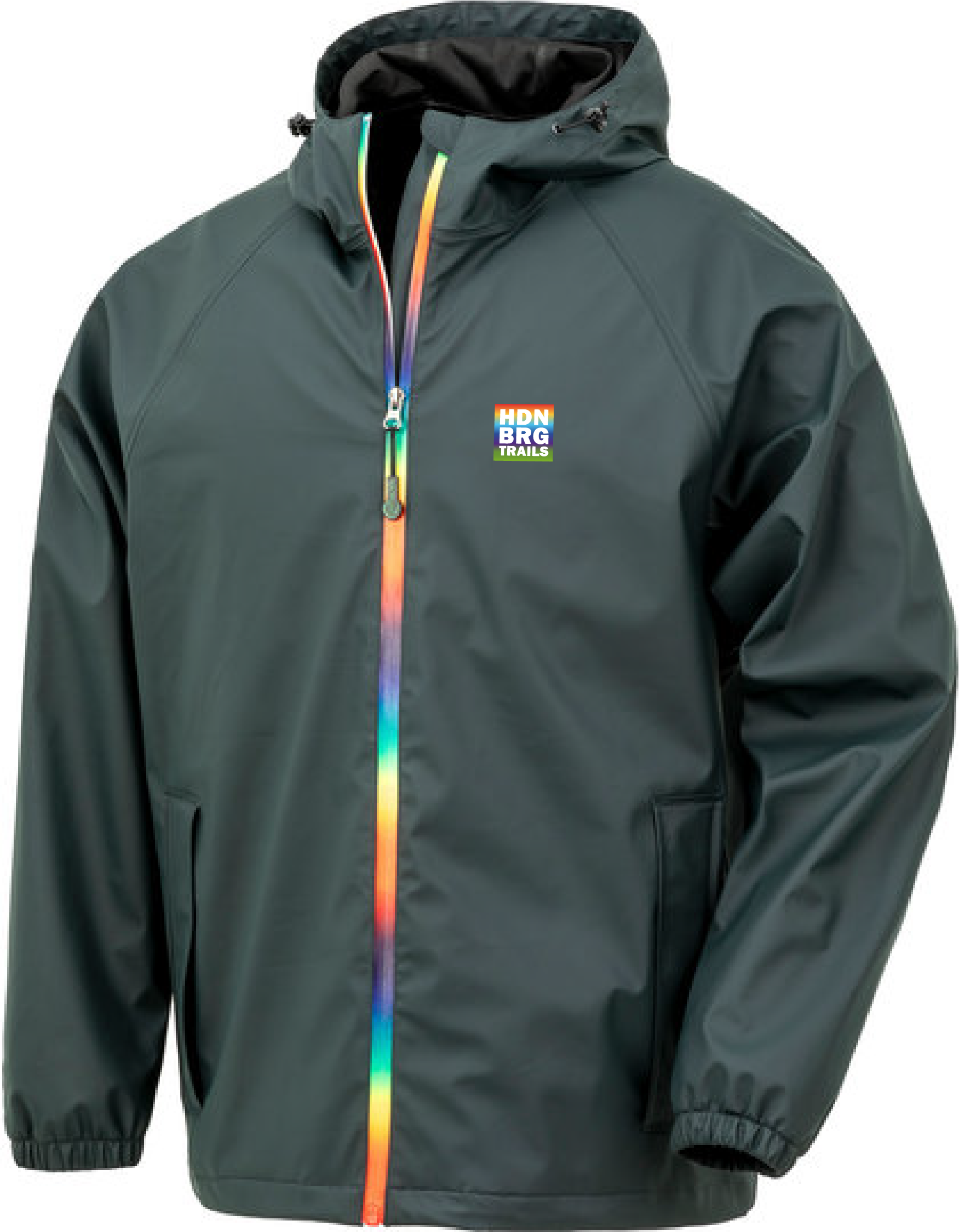 Dark Olive coloured Windbreaker with a multicoloured Zip-Front. The Jacket is completly Waterproof till 3000mm Water Coloumn.