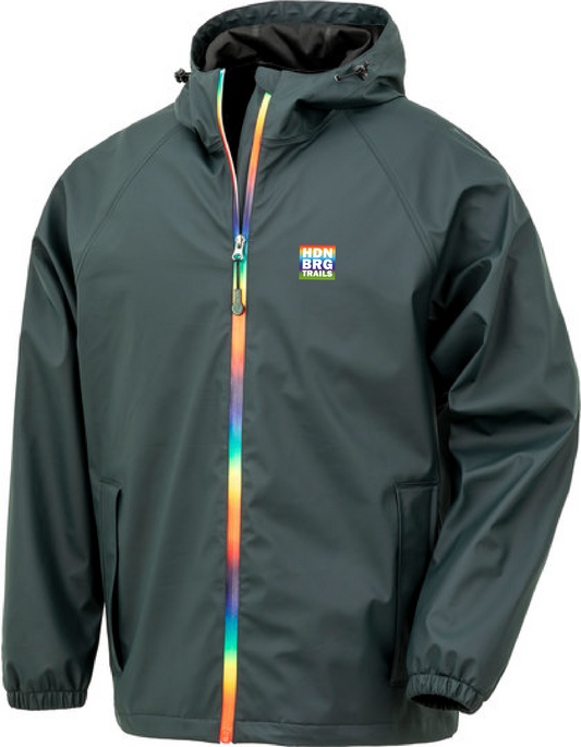 Dark Olive coloured Windbreaker with a multicoloured Zip-Front. The Jacket is completly Waterproof till 3000mm Water Coloumn.